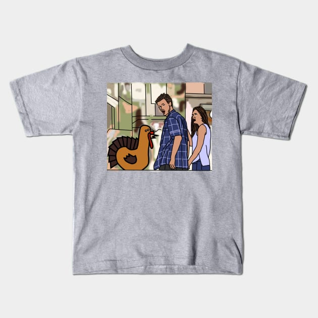 Distracted Boyfriend Meme and Funny Thanksgiving Turkey Kids T-Shirt by ellenhenryart